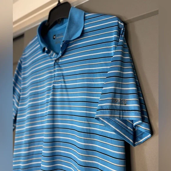 Izod Men's Light Blue and White Striped Polo Shirt - Picture 2 of 5